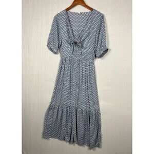 Cottagecore Tie Front Midi Dress Women's M Blue White Elan Rayon Boho Prairie
